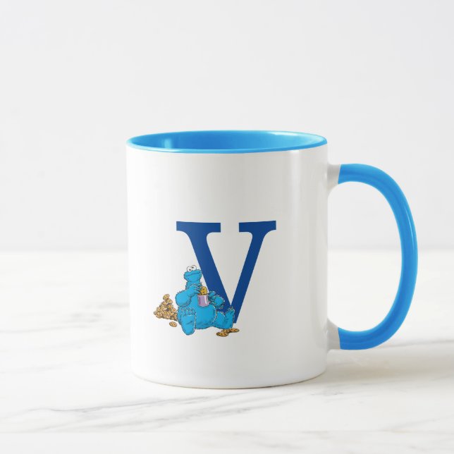 Vintage Cookie Monster Eating Cookies Monogram V Mug (Right)