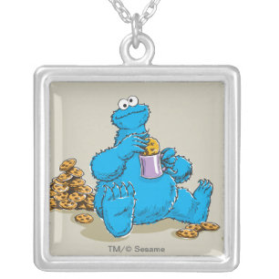 Vintage Cookie Monster Eating Cookies Silver Plated Necklace