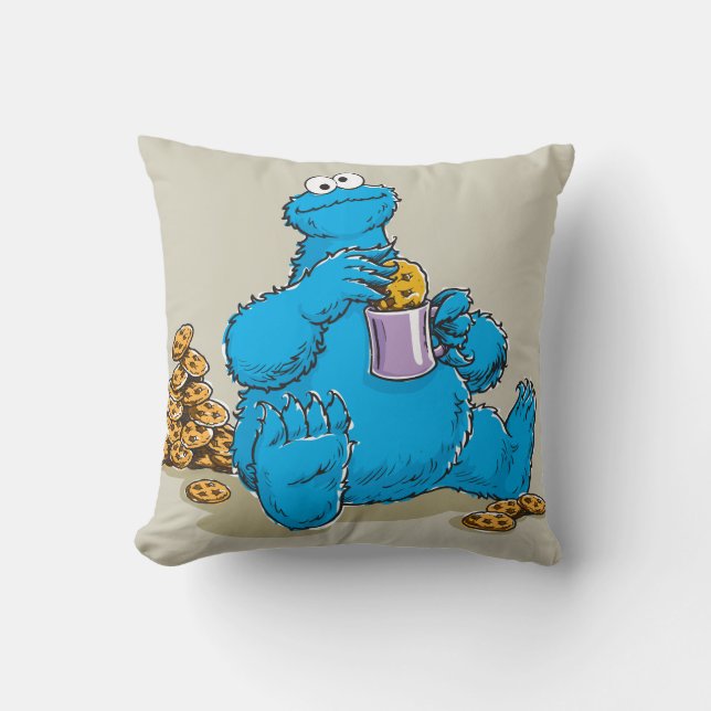 Vintage Cookie Monster Eating Cookies Throw Pillow (Front)
