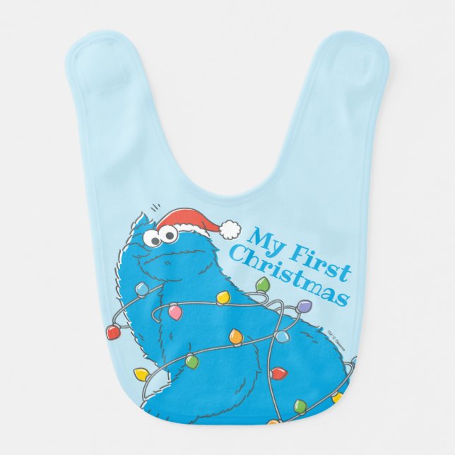 Vintage Cookie Monster First Christmas Lights Baby Bib (Front)