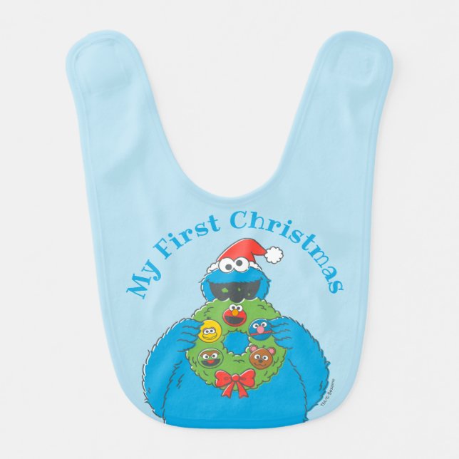 Vintage Cookie Monster First Christmas Wreath Baby Bib (Front)