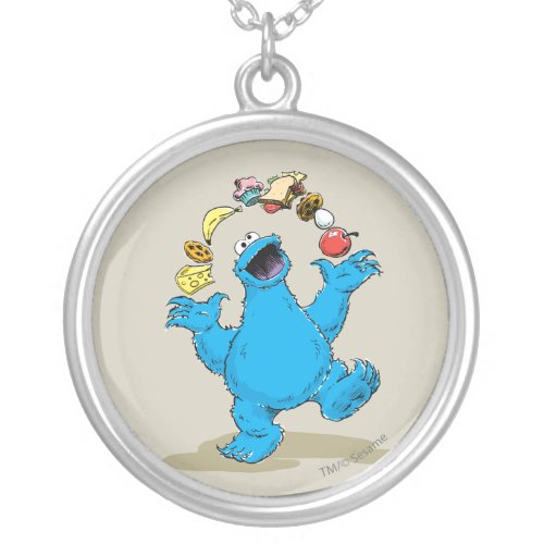 Vintage Cookie Monster Juggling Silver Plated Necklace