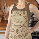 Vintage cookies pattern personalized name baking apron<br><div class="desc">Elegant vintage style bakery apron in beige tan and brown chocolate featuring cakes,  donouts and cookies assortment illustration pattern.          Easy to personalize with your name and text!               It can be an inspired personalized gift for mother,  grandmother,  bride to be,  or a cooking or bakery lover.</div>