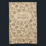 Vintage cookies pattern personalized name  kitchen kitchen towel<br><div class="desc">Elegant vintage style kitchen towel in chocolate brown and beige tan featuring cakes,  coffee cups and cookies assortment illustration pattern.          Easy to personalize with your name and text!               It can be an inspired personalized gift for mother,  grandmother,  bride to be,  or a cooking or bakery lover.</div>