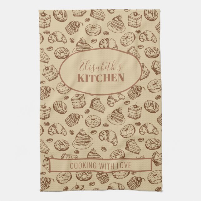 Vintage cookies pattern personalized name  kitchen towel (Vertical)