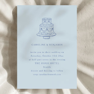 Vintage Cool Blue Doodle Minimalist Wedding Cake Invitation