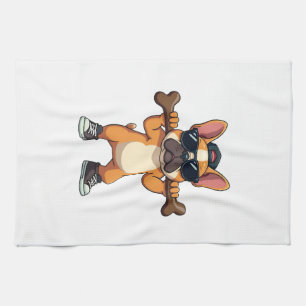 Vintage Cool French Bulldog Carrying Bone Cartoon  Kitchen Towel
