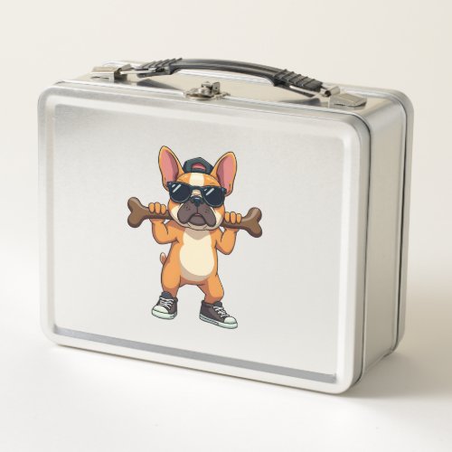 Vintage Cool French Bulldog Carrying Bone Cartoon Metal Lunch Box