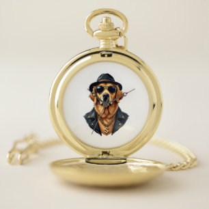 Vintage Cool Golden Retriever Dog in Sunglasses an Pocket Watch