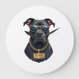 Vintage Cool Pitbull in Sunglasses with Gold Chain Large Clock