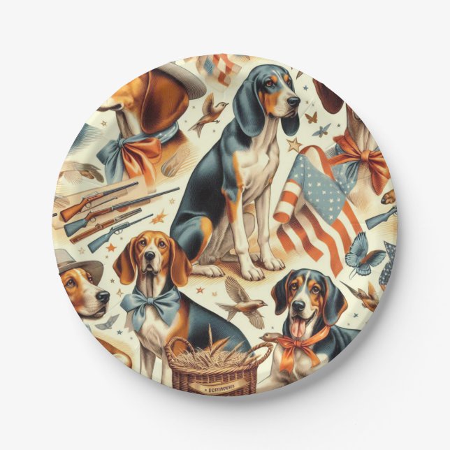 Vintage Coonhound Dog Seamless Paper Plates (Front)