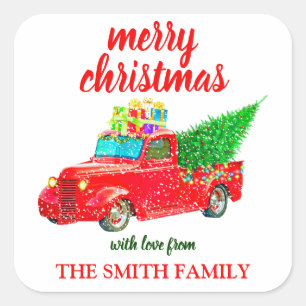 Vintage Coordinating Red Truck Christmas Square Sticker