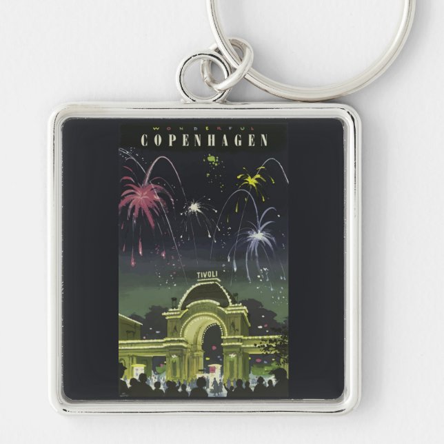 Vintage Copenhagen Illustration Travel Poster Keychain (Front)