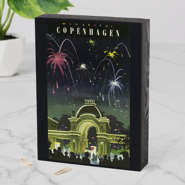 Vintage Copenhagen Illustration Travel Poster Wooden Box Sign (In Situ Vertical)