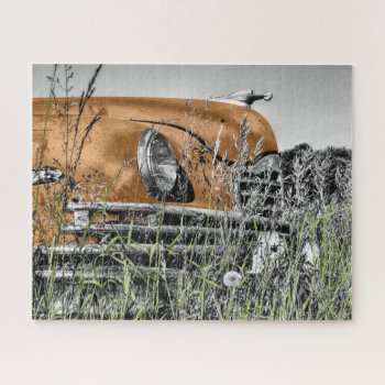 Vintage Copper Car In Grassy Field Jigsaw Puzzle by vintagehummingbird at Zazzle