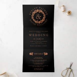 Vintage copper glitter rose wreath black wedding Tri-Fold invitation