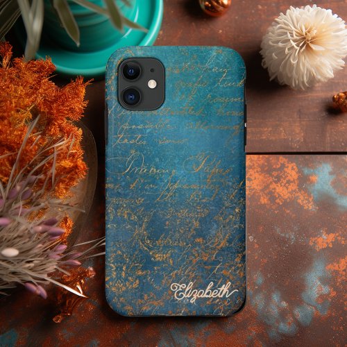 Vintage Copper Patina with Turquoise  Calligraphy iPhone 11 Case