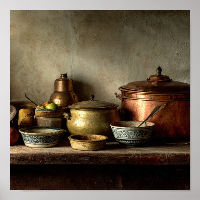 Vintage Copper Pots & Ceramic Bowls - Kitchen Poster (Front)