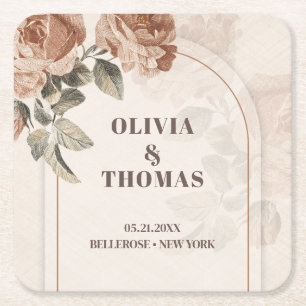 Vintage copper watercolor roses sage brown hues square paper coaster