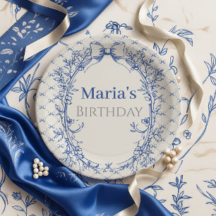 Vintage Coquette Blue Bow floral birthday Paper Plates