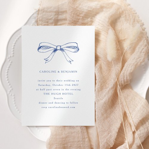 Vintage Coquette Blue Bow Minimalist Wedding Invitation