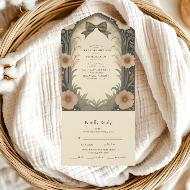 Vintage Coquette Bow Floral Art Nouveau Wedding  All In One Invitation (Creator Uploaded)