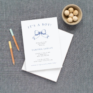 Vintage Coquette Bow It's A Boy Blue Baby Shower Invitation
