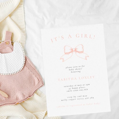 Vintage Coquette Bow Its A Girl Blush Baby Shower Invitation