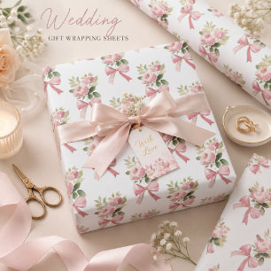 Vintage Coquette Watercolor Pink Rose & Bow Patter Wrapping Paper Sheets