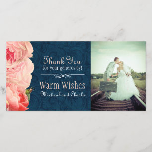 Vintage Coral and Navy Thank You Photo Card (4x8)