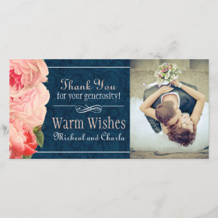 Vintage Coral and Navy Thank You Photo Card (4x8)