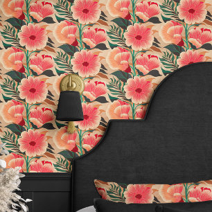 Vintage Coral And Peach Floral on Beige Wallpaper