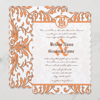 Vintage Coral & Brown Damask Wedding Invitation