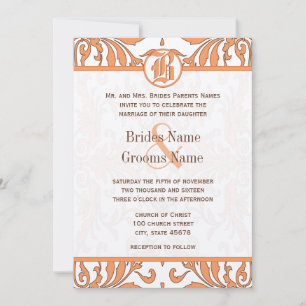 Vintage Coral & Brown Damask Wedding Invitation