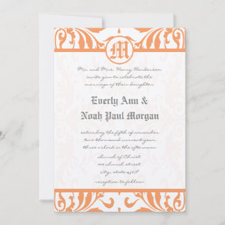 Vintage Coral Damask Gray Font Wedding Invitation