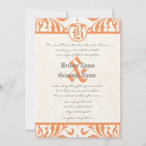 Vintage Coral Damask Gray Font Wedding Invitation