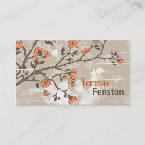 Vintage coral flowers floral grunge taupe business card