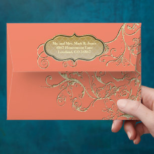Vintage Coral Gold Swirl Wedding Envelope