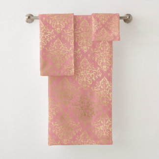 Vintage coral pink gold damask distressed chic bath towel set