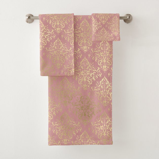 Vintage coral pink gold damask distressed chic bath towel set (Insitu)