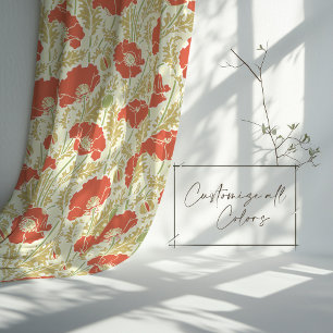 Vintage Coral Poppy Floral Cream Sage Green Sheer Curtains