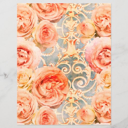 Vintage Coral Rose Floral Damask Scrapbook Paper