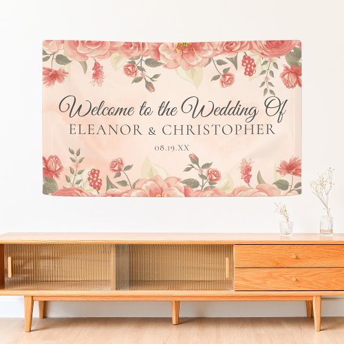 Vintage Coral Rose Watercolor Wedding Welcome Banner