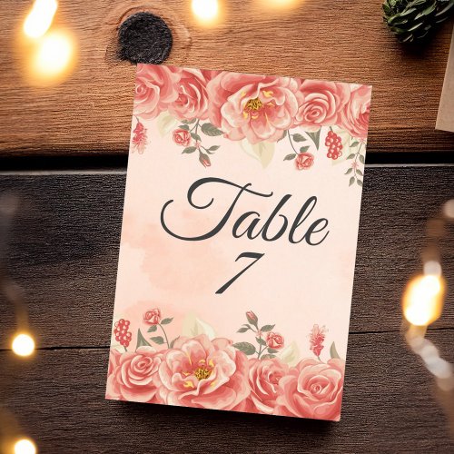 Vintage Coral Roses Peach Watercolor Boho Wedding Table Number