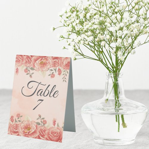 Vintage Coral Roses Peach Watercolor Boho Wedding Table Tent Sign