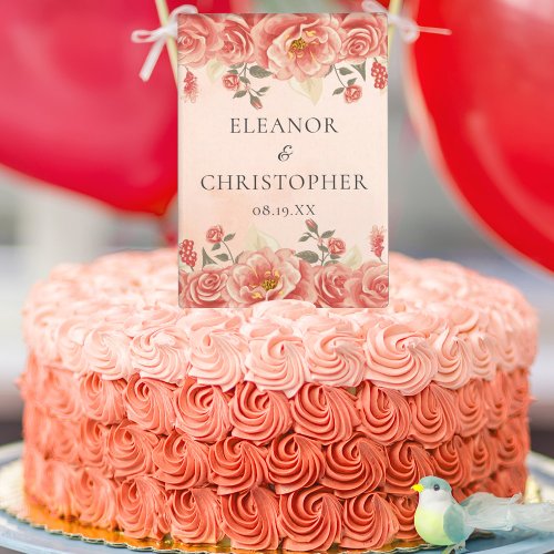 Vintage Coral Roses Watercolor Custom Wedding Cake Topper