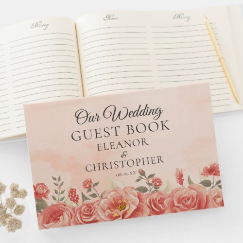 Vintage Coral Roses Watercolor Wedding Guest Book