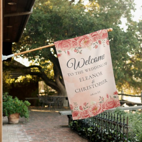 Vintage Coral Roses Watercolor Wedding Welcome House Flag