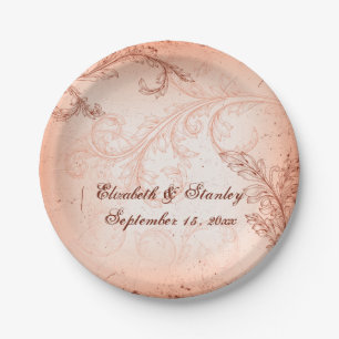 Vintage coral scroll leaf flourish fall wedding paper plates