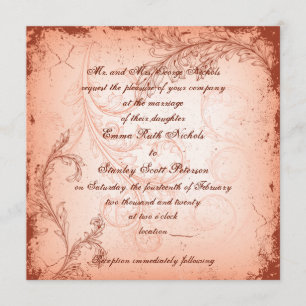Vintage coral scroll leaf flourish wedding invitation
